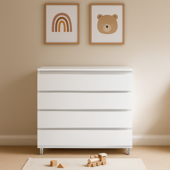 Imagem do produto Cômoda Bada Branca BAD-472 com 4 Gavetas e Rodízios - Kartoon