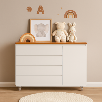 Imagem do produto Cômoda Bada Branca com 4 Gavetas e 1 Porta com Rodízios Tampo Madeira - Kartoon