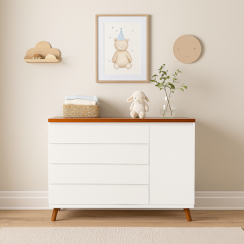 Imagem do produto Cômoda Badá Branca com 4 Gavetas e 1 Porta Pés Fixos Tampo Madeira - Kartoon