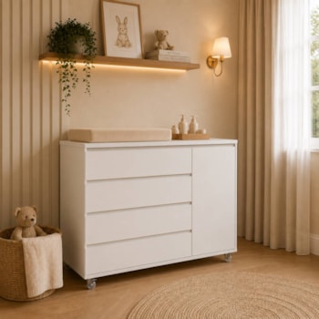 Imagem do produto Cômoda Badá Branco BAD-471 com 4 Gavetas e 1 Porta com Rodízios - Kartoon
