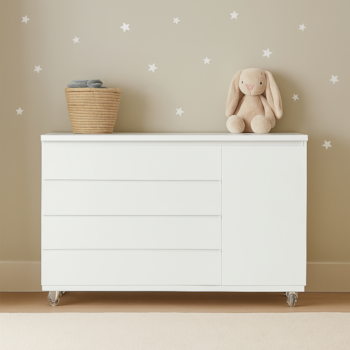 Imagem do produto Cômoda Bada Branco BAD-471 com 4 Gavetas e 1 Porta com Rodízios - Kartoon