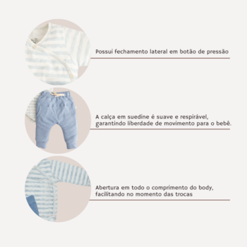 Segunda imagem do produto Conjunto Prematuro Body Manga Longa e Calça Listrado Azul - D'Bella