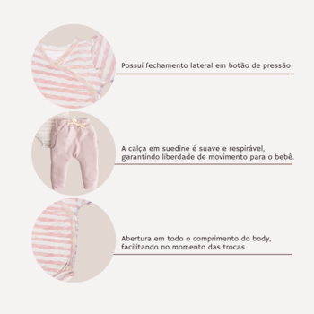 Segunda imagem do produto Conjunto Prematuro Body Manga Longa e Calça Listrado Rose - D'Bella