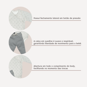 Segunda imagem do produto Conjunto Prematuro Body Manga Longa e Calça Poá Cinza - D'Bella